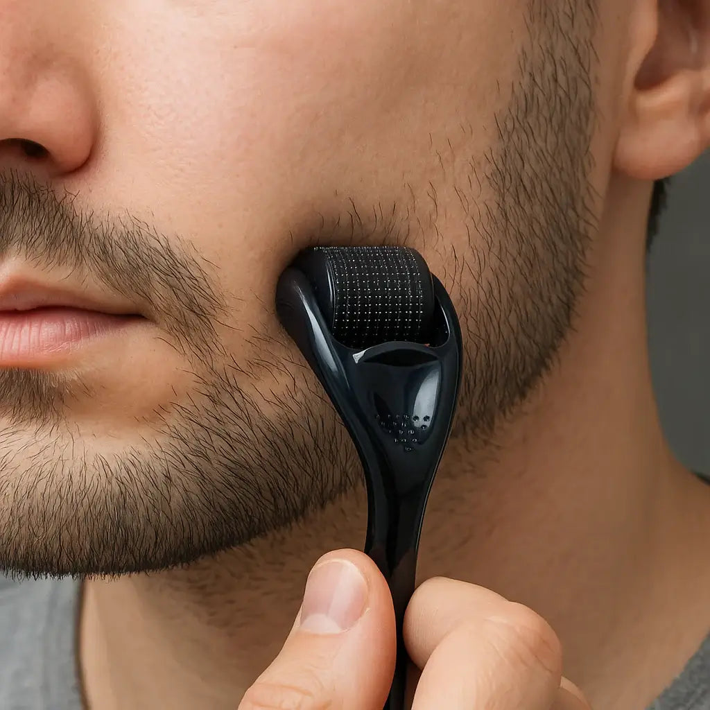 Man using King's Cave derma roller for beard growth and improved facial hair density.