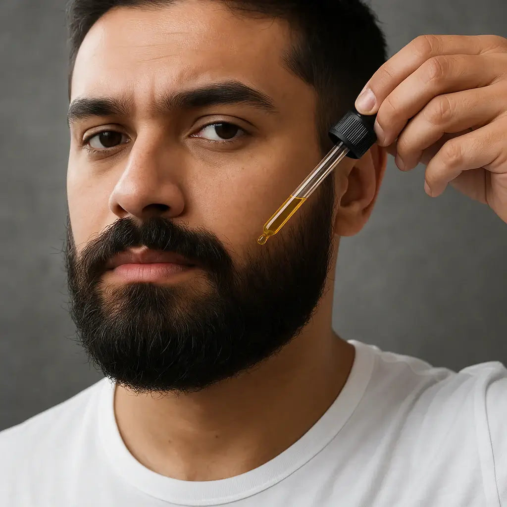 Man applying King's Cave beard growth serum to promote fuller and thicker beard growth.