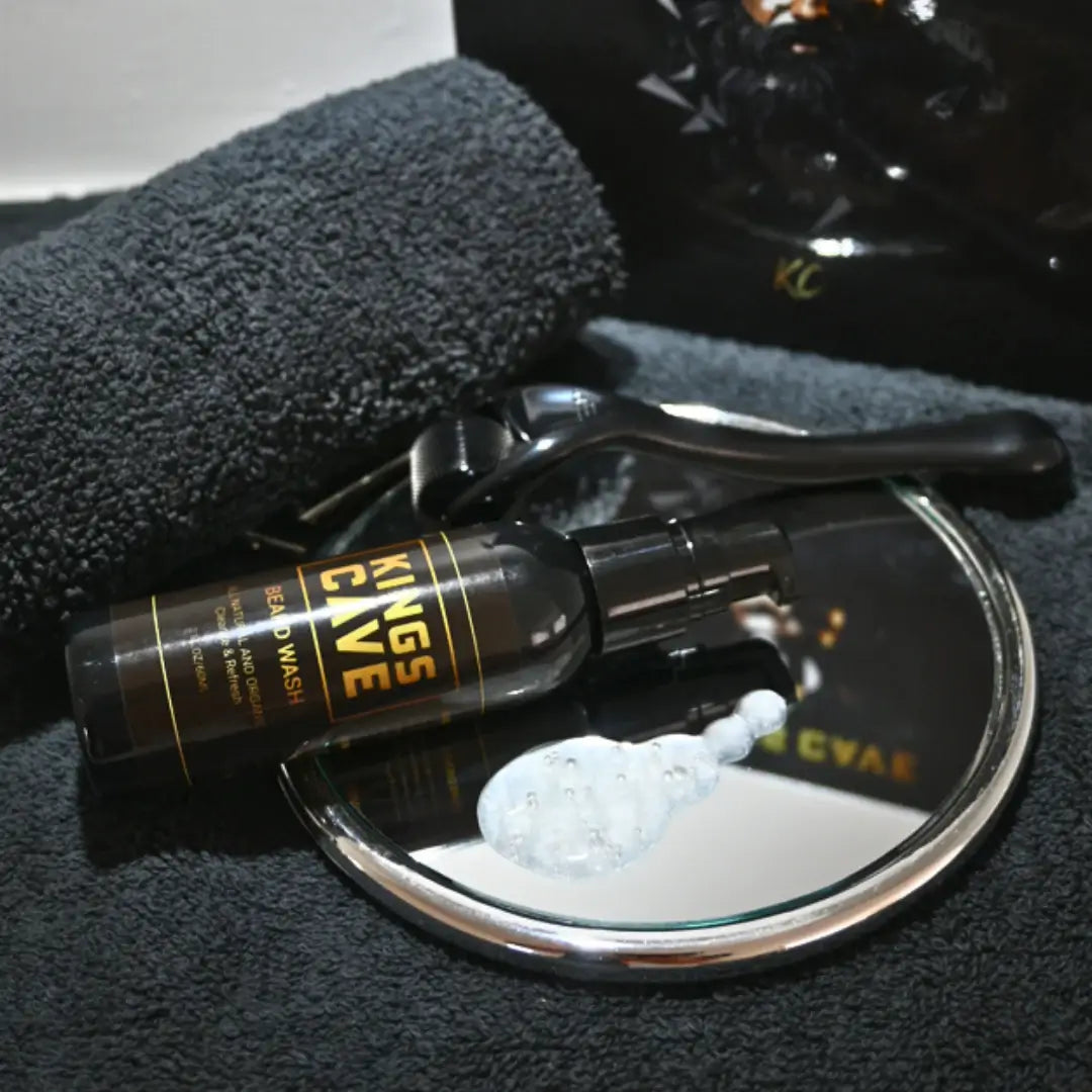 Beard wash and derma roller from King’s Cave Beard Growth Kit for clean and healthy beard care.
