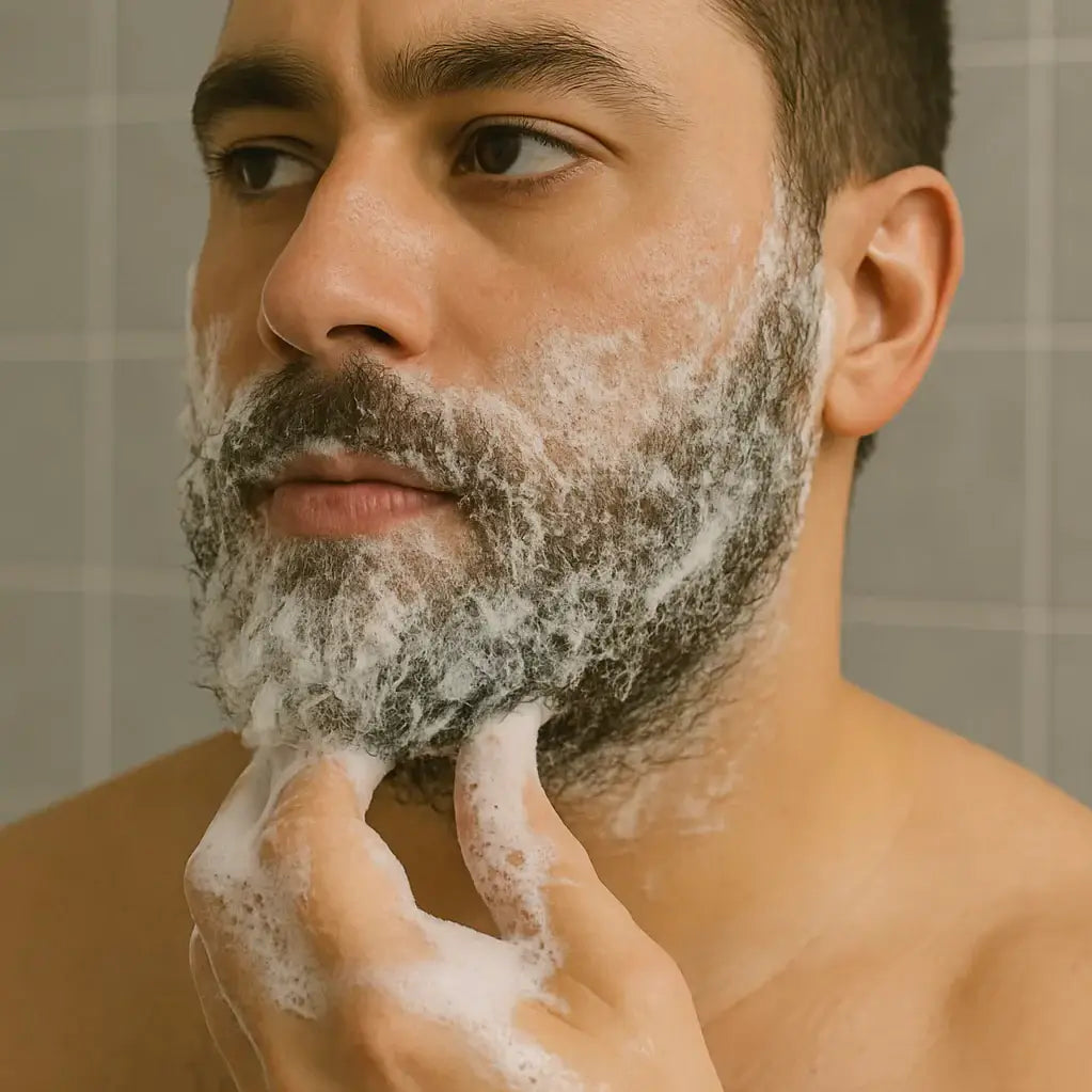 Man applying beard wash to cleanse beard and promote healthy beard growth.