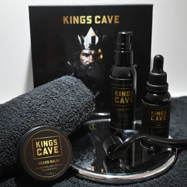 King's Cave complete beard growth kit with beard balm, beard wash, serum, derma roller, and grooming accessories.
