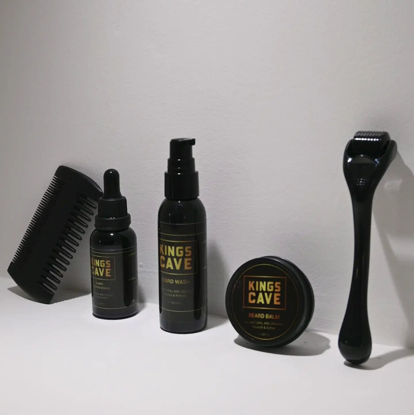 King's Cave Beard Growth Kit products including beard serum, beard wash, beard balm, derma roller, and beard comb for boosting beard growth and thickness.